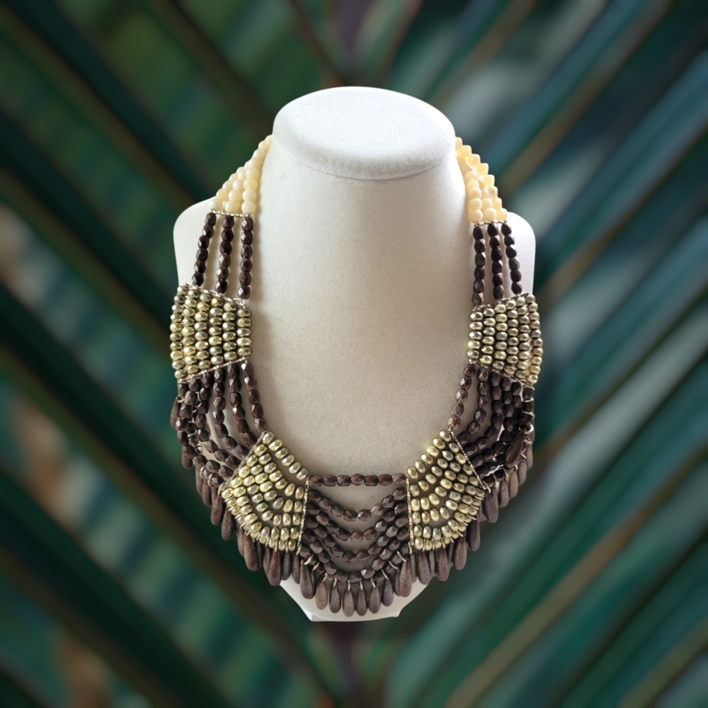 Talbots | Boho Tribalesque Brown/Gold Chunky Beaded Statement Necklace